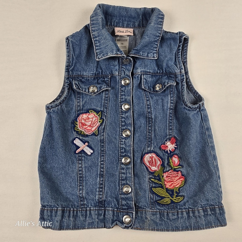Girls Denim Vest Snap Button Blue Pink Floral Flower Western Top Shirt‎ 7/8